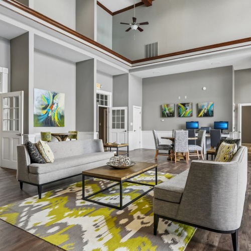 a living room with a couch and a table