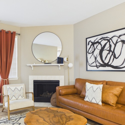 a living room with a couch and a coffee table